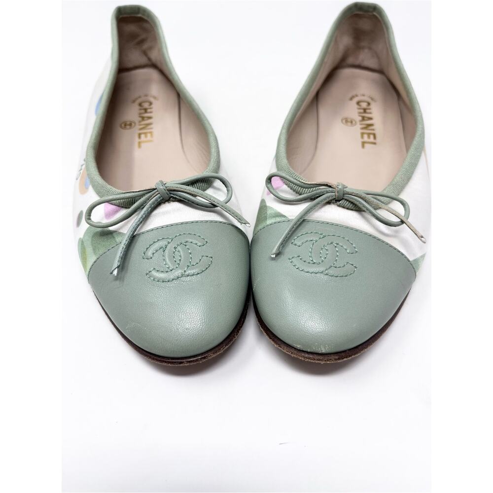 Chanel CC Cap Toe Green Leather Ballet Flat Satin Vintage Karl Lagerfeld size 39 - Picture 3 of 7